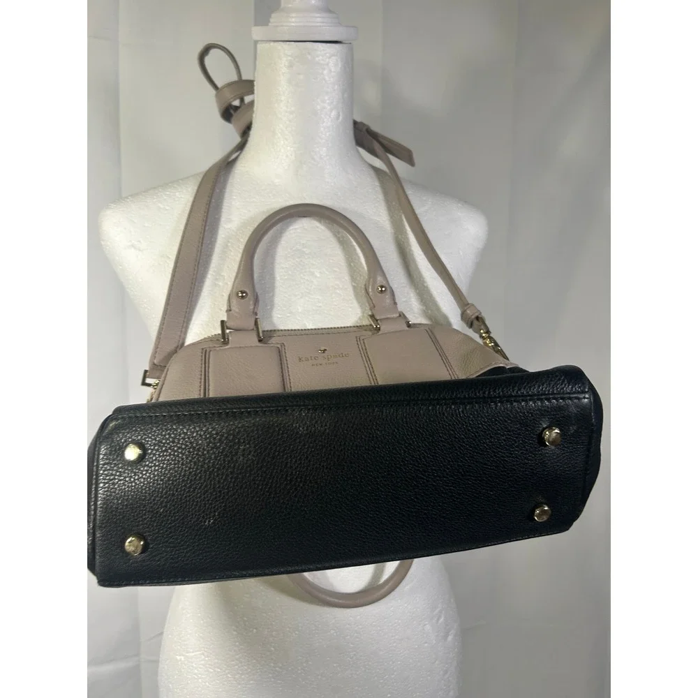 Kate Spade New York Pebble Leather Two Tone Satchel Handbag Black Beige Gold#256